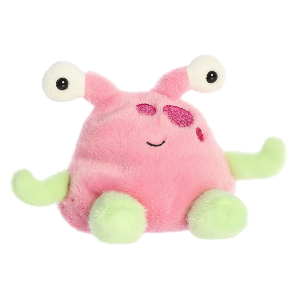 Aurora 5-inch Palm Pals Silly Alien plush toy showing its pastel pink body, lime-green arms and feet, magenta forehead spots, and two prominent eye stalks with white eyes.