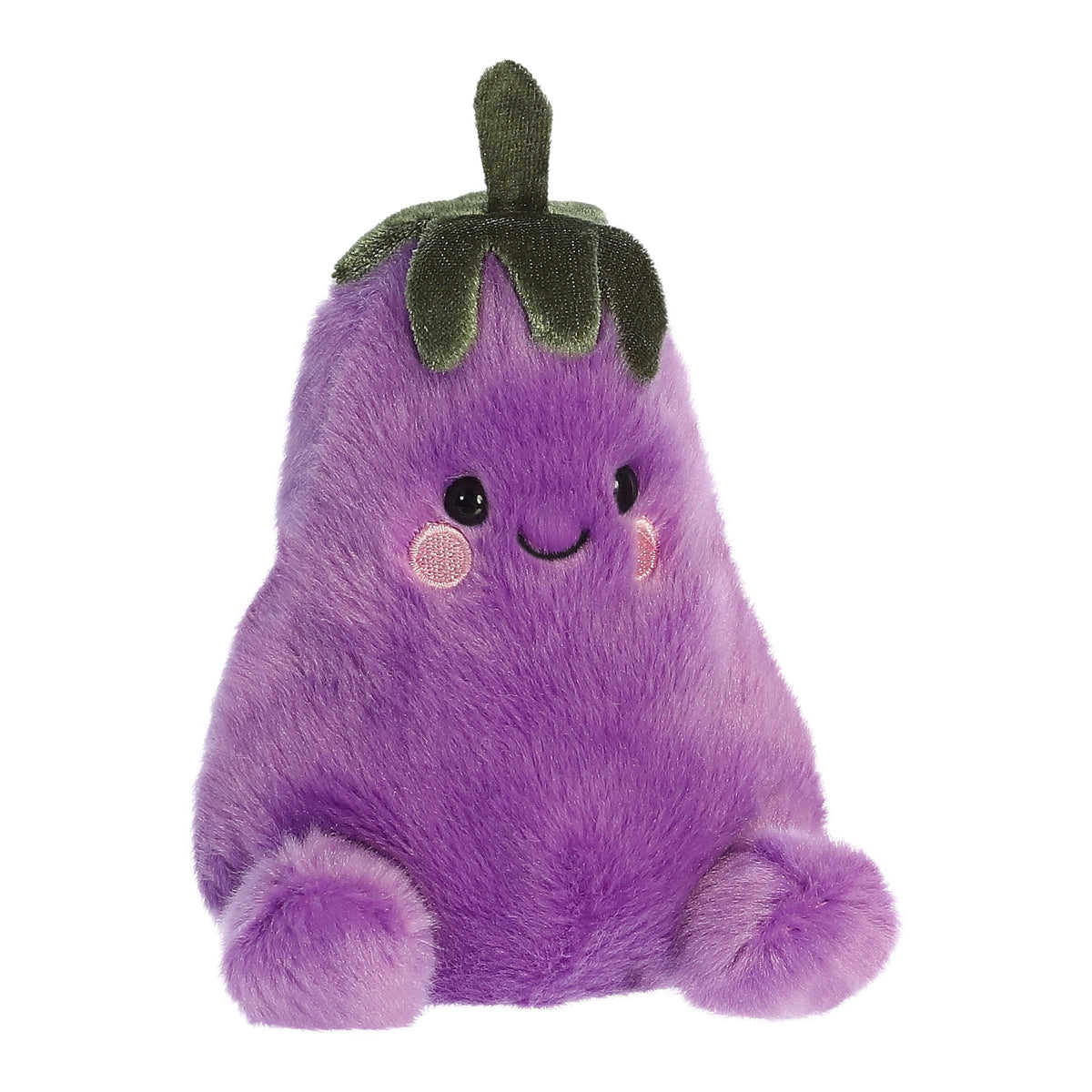 Plush toy shaped like an eggplant with a smiling face on a white background