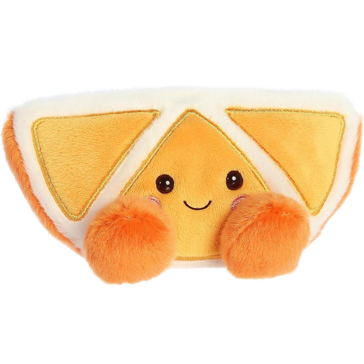 Aurora 5-inch Palm Pals Tucker Mandarin plush toy showing its orange slice wedge shape, white pith accent, yellow segments, small orange feet, and smiling face.
