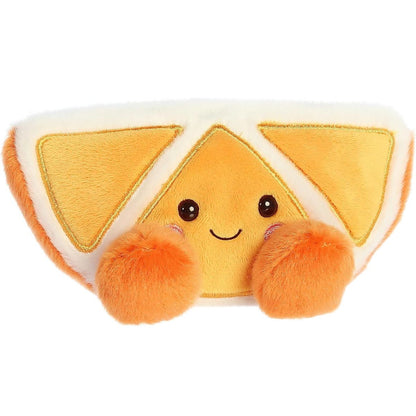 Aurora 5-inch Palm Pals Tucker Mandarin plush toy showing its orange slice wedge shape, white pith accent, yellow segments, small orange feet, and smiling face.