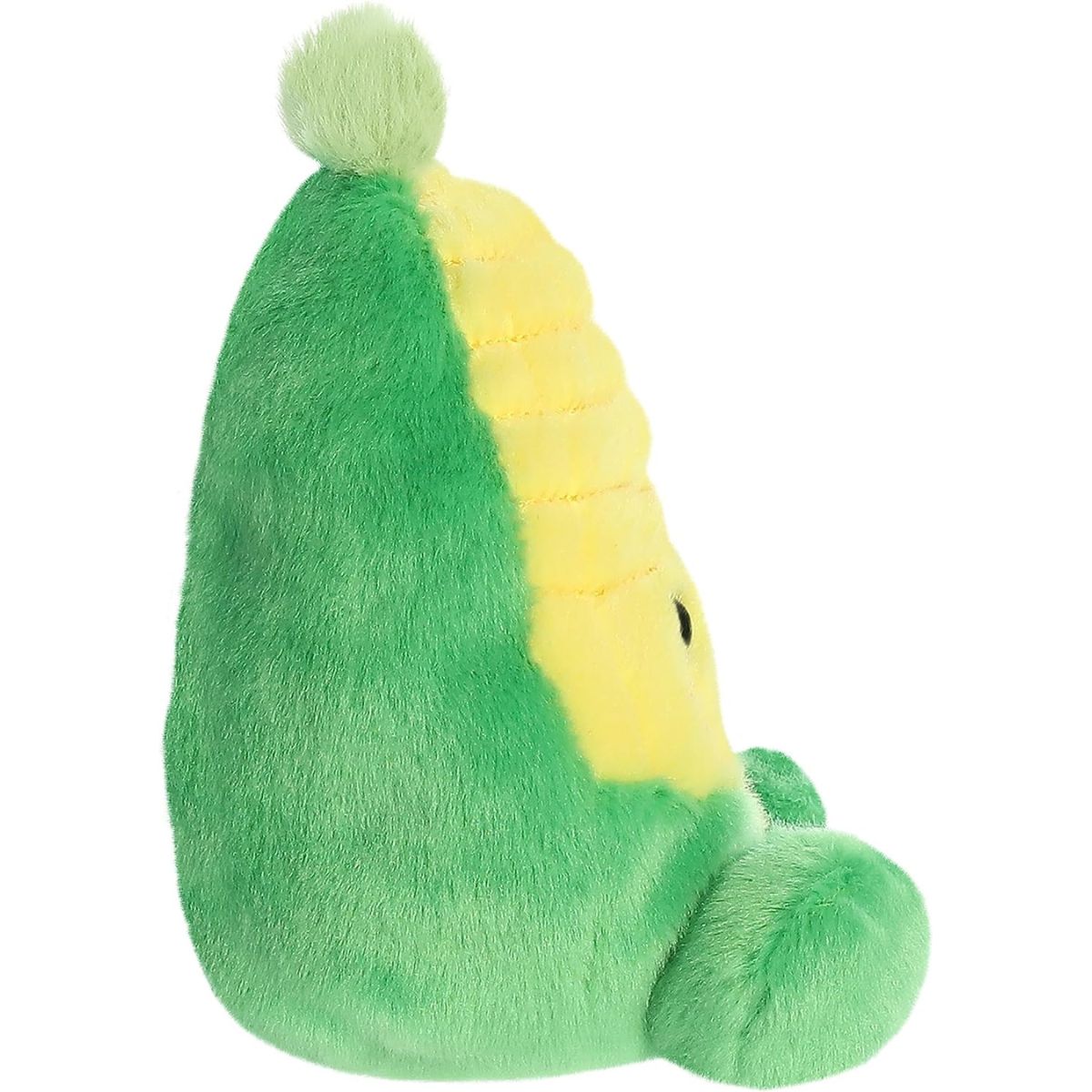 Side profile thumbnail of the mini corn plush showcasing its tapered shape, green outer husk backing, and soft seated profile.