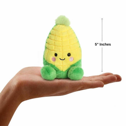 The miniature Wavey Corn plush sitting balanced in an open human hand under a 5-inch height graphic indicator.