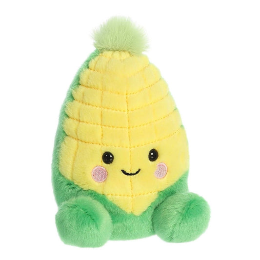 Aurora 5-inch Palm Pals Wavey Corn plush toy showing its bright yellow kernel cob, peeling green husk base, fuzzy top tassel, and a cute smiling face.