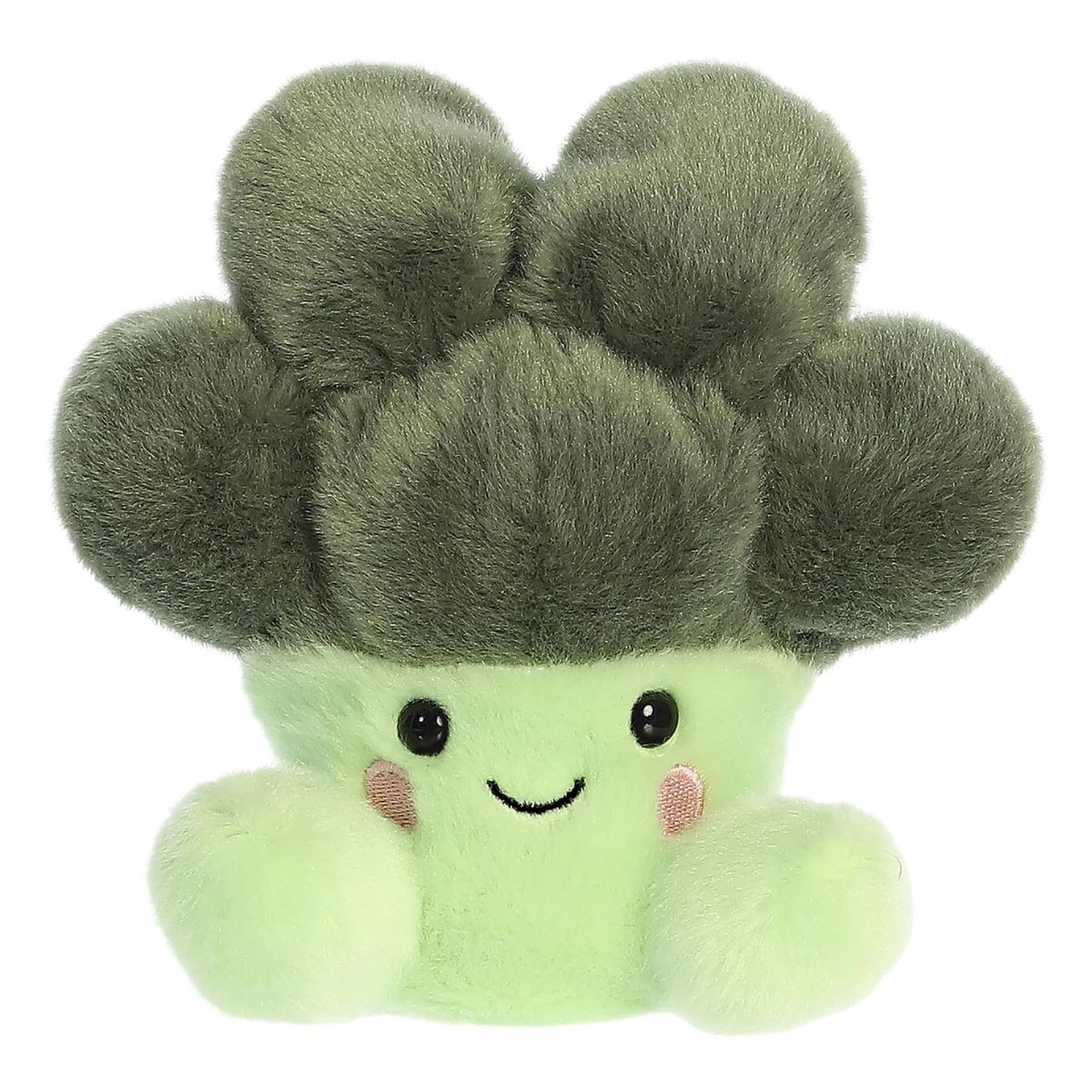 Straight front view of the Luigi Broccoli plush sitting upright, showing his friendly face and pink blushing cheeks.