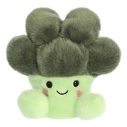 Straight front view of the Luigi Broccoli plush sitting upright, showing his friendly face and pink blushing cheeks.