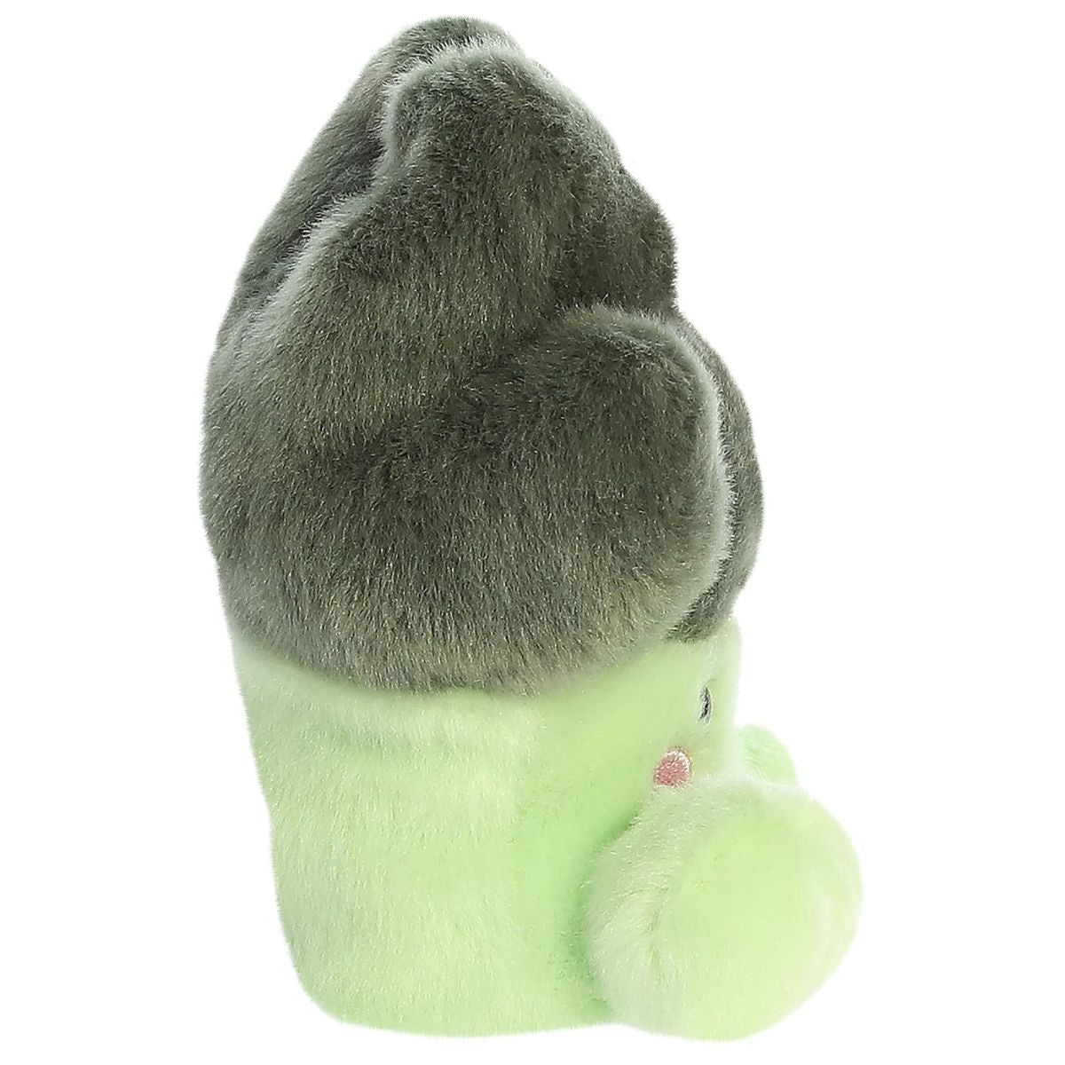 Side profile view of the Luigi Broccoli stuffed animal highlighting his plump stalk and textured dark green florets.