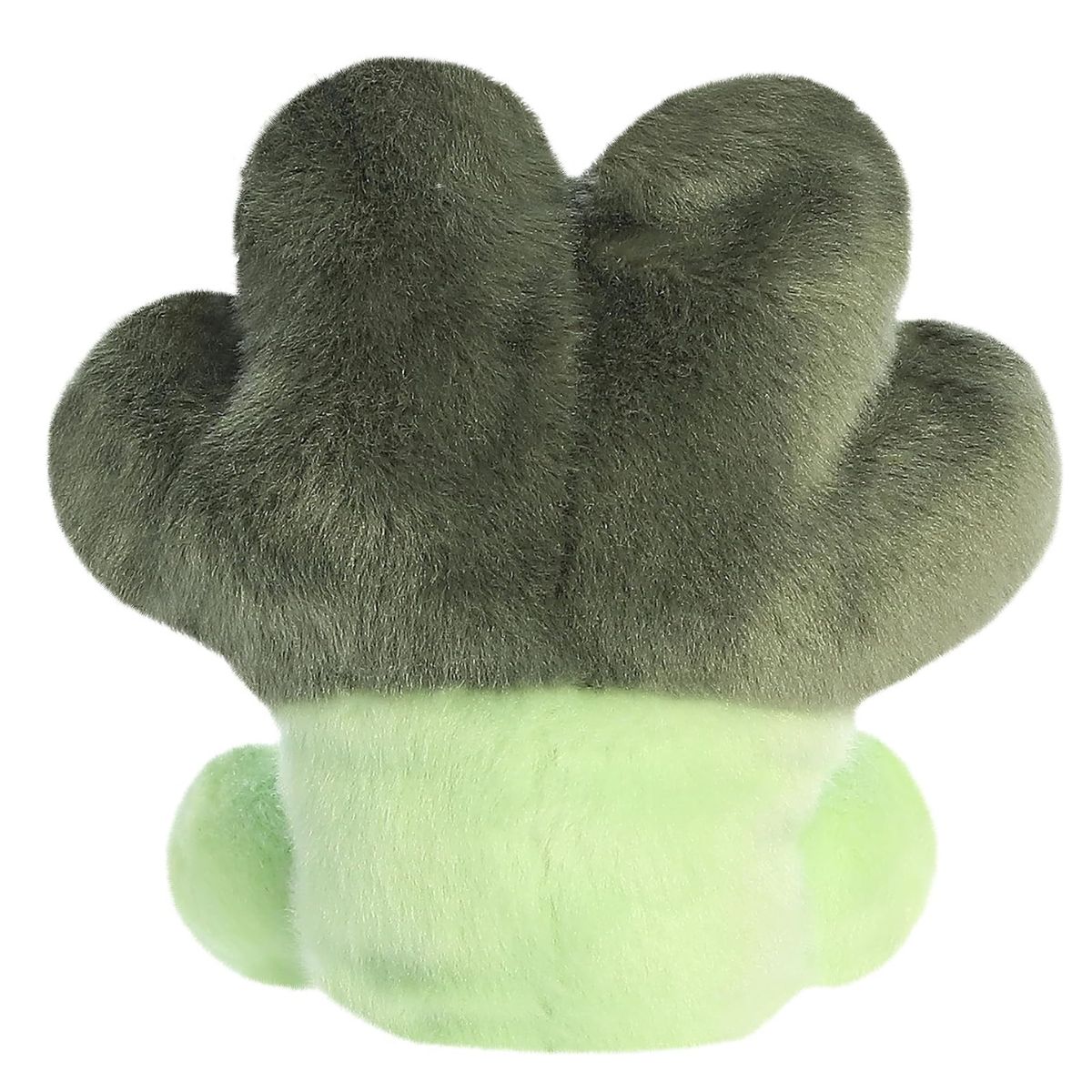 Back view of the Aurora broccoli plush showcasing his soft light green body and fluffy dark green crown.