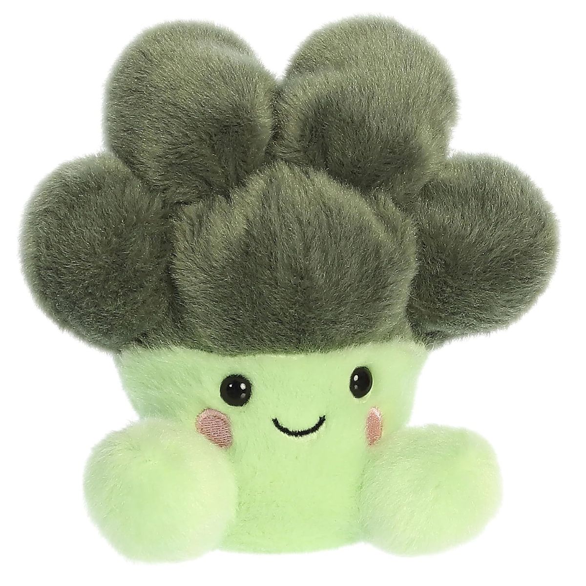 Front view of the 5-inch Aurora Palm Pals Luigi Broccoli plush featuring a fluffy dark green crown, light green stalk, and a sweet smiling face.