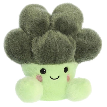 Front view of the 5-inch Aurora Palm Pals Luigi Broccoli plush featuring a fluffy dark green crown, light green stalk, and a sweet smiling face.
