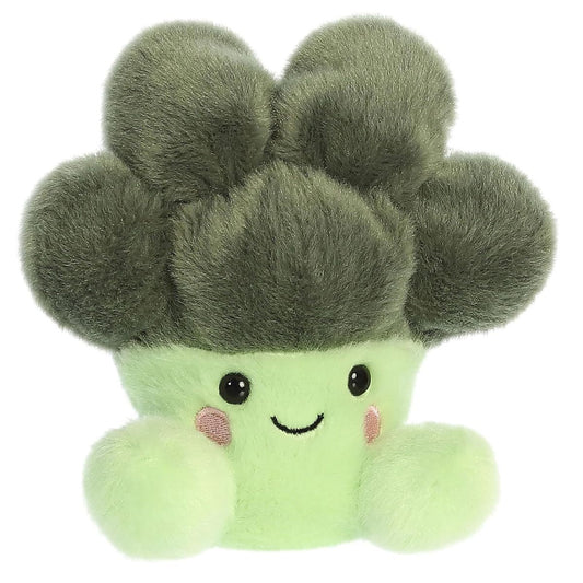 Front view of the 5-inch Aurora Palm Pals Luigi Broccoli plush featuring a fluffy dark green crown, light green stalk, and a sweet smiling face.