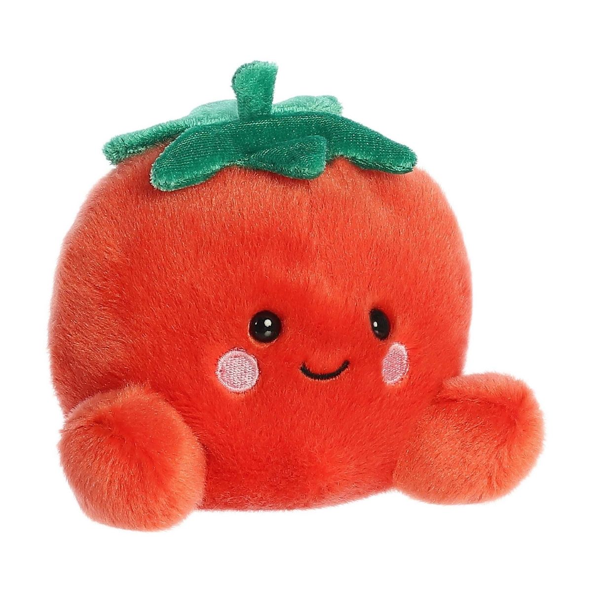 Aurora 5-inch Palm Pals Boyd Tomato plush toy showing its bright red round body, star-shaped green top stem leaves, and a happy smiling face with rosy cheeks.