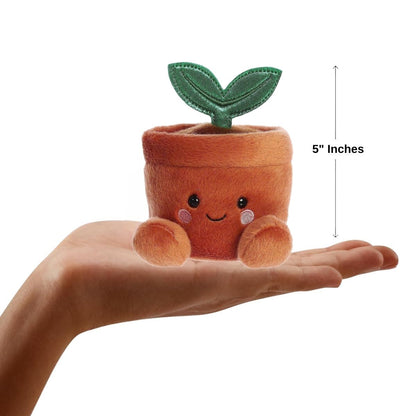 Dimension graphic showing the 5-inch Aurora Palm Pals Terra Potted Plant resting comfortably in a person's hand.