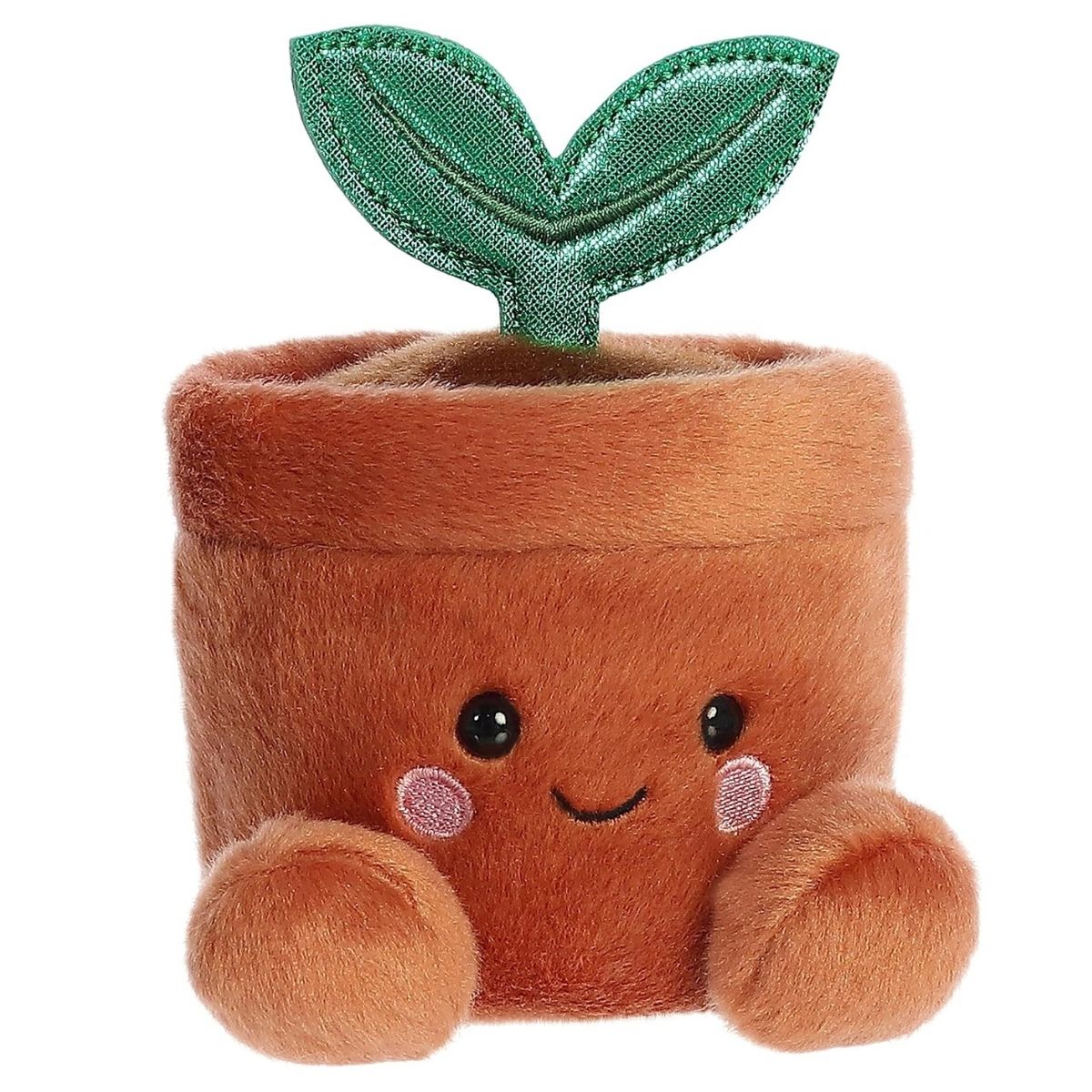 Angled front view of the 5-inch Aurora Palm Pals Terra Potted Plant brown stuffed animal sitting upright with green leaves.