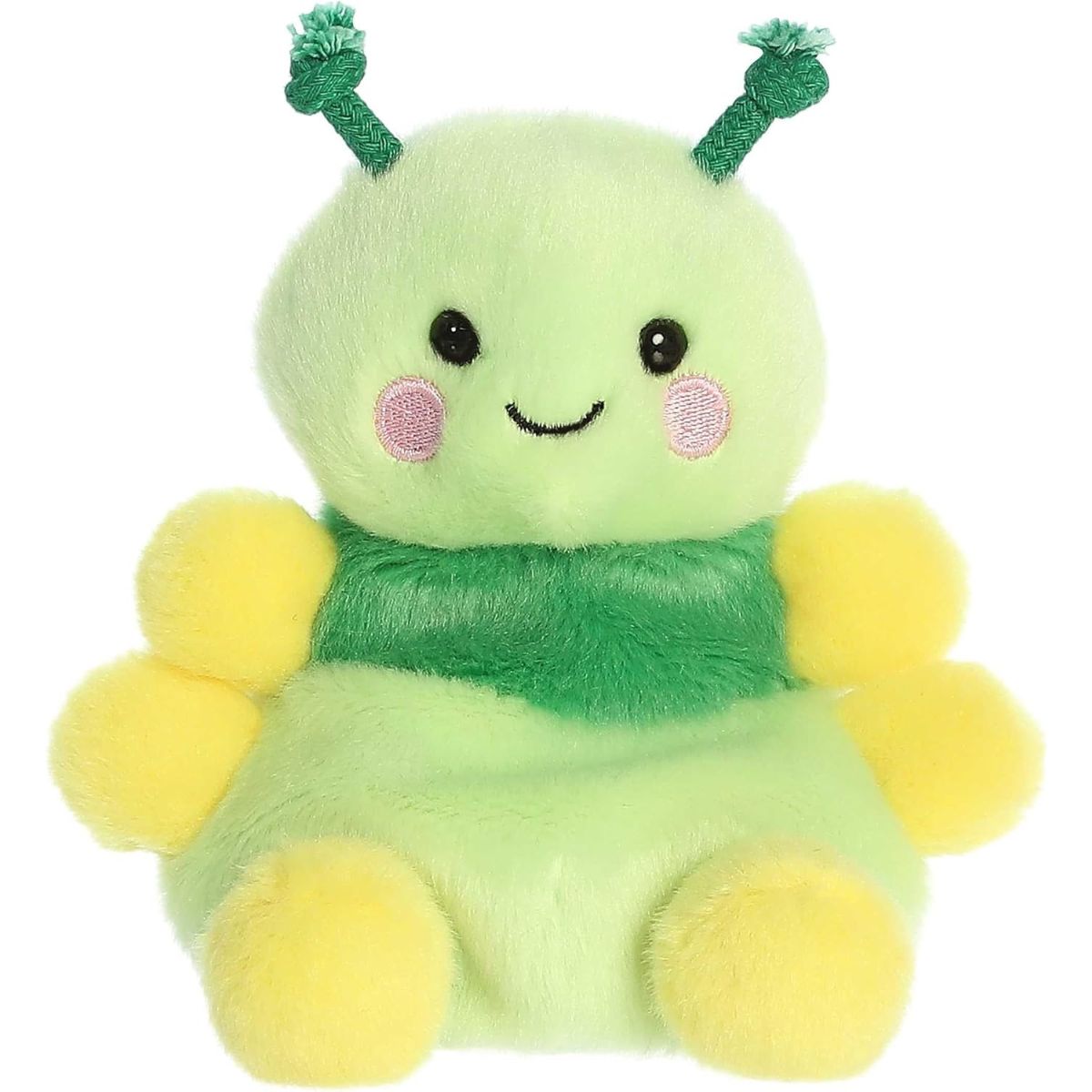 Straight-on front view of the green caterpillar stuffed animal highlighting its stitched smile, rosy cheeks, and rows of yellow nub feet.
