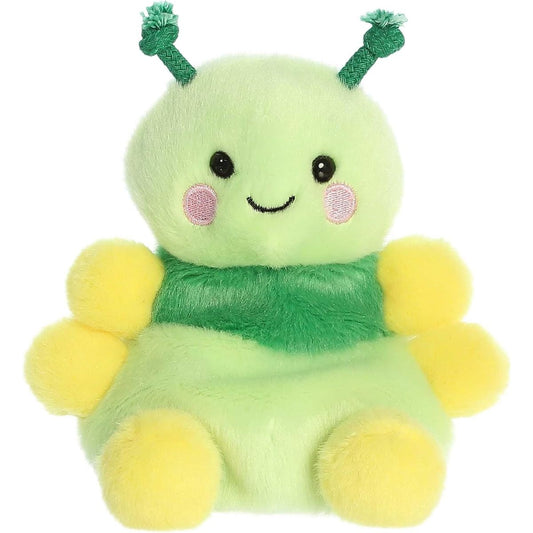 Straight-on front view of the green caterpillar stuffed animal highlighting its stitched smile, rosy cheeks, and rows of yellow nub feet.