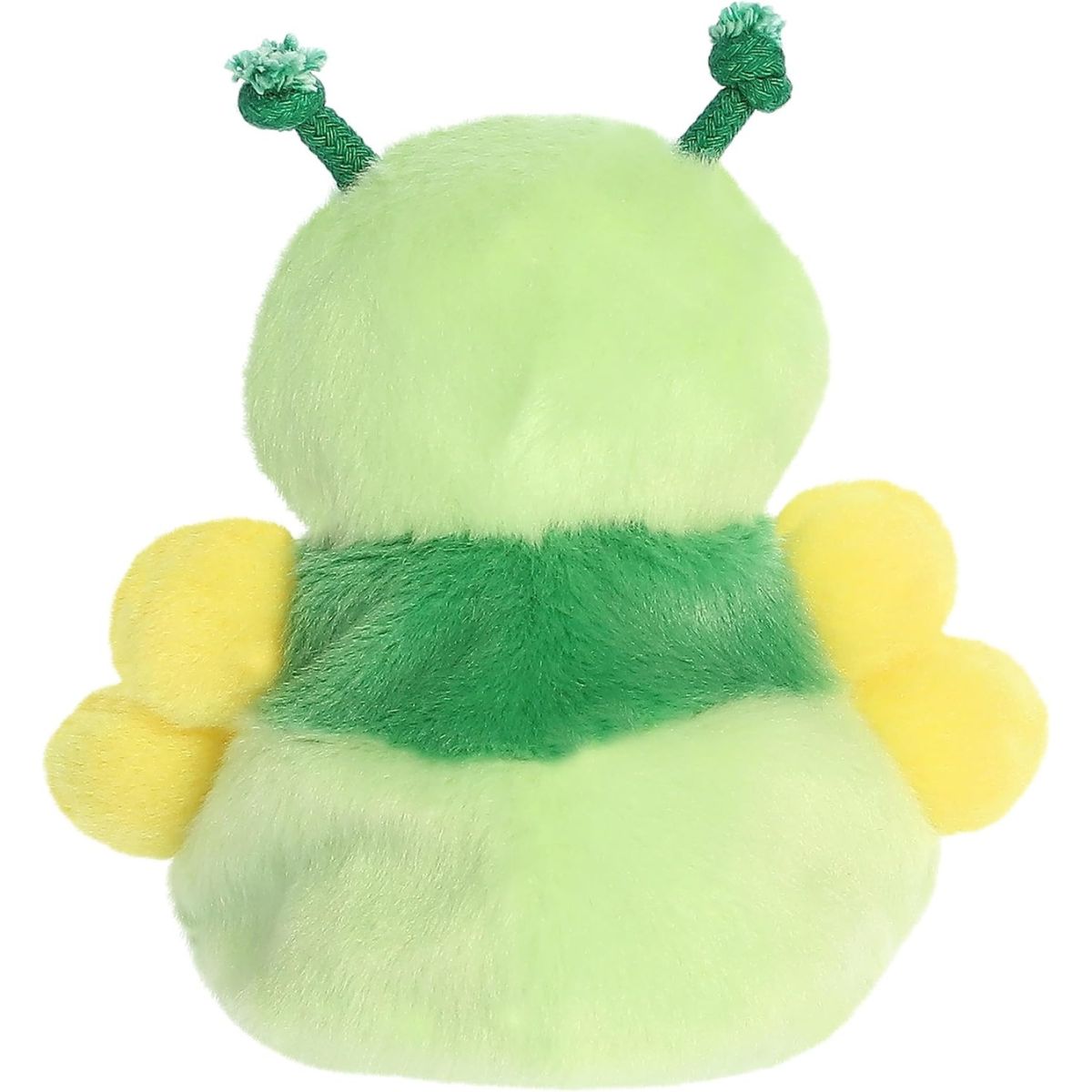 Rear view of the caterpillar plush from behind showcasing its solid forest green middle stripe and soft fabric texture.