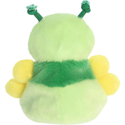 Rear view of the caterpillar plush from behind showcasing its solid forest green middle stripe and soft fabric texture.