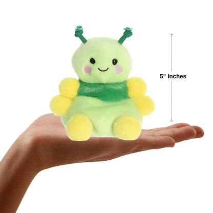 Front view of the mini green caterpillar plush sitting balanced on a human hand with a dimension line indicating its 5-inch height.