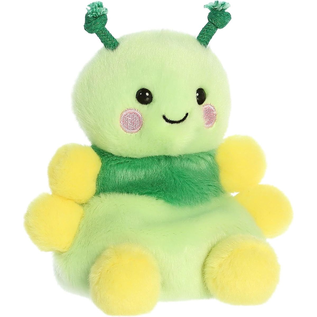 Three-quarter view of the Aurora Palm Pals Ivy Caterpillar 5-inch plush sitting upright, featuring lime green fur, yellow feet, and knotted antennae.