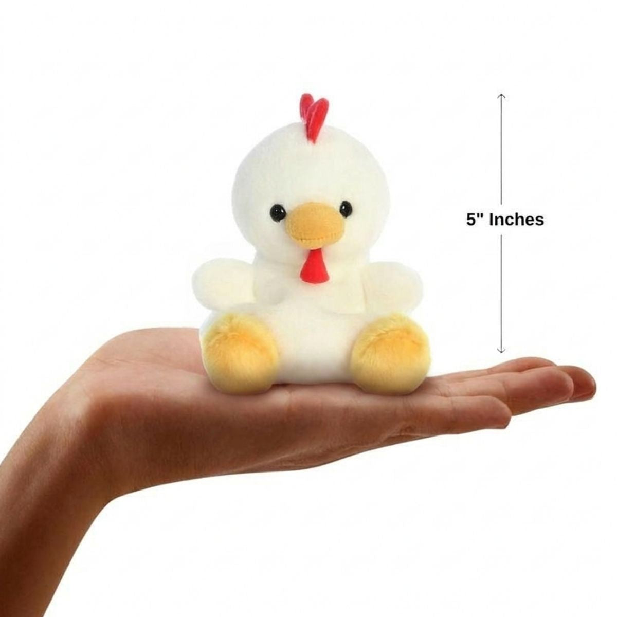Dimension graphic showing the 5-inch Aurora Palm Pals Cooper Chicken resting comfortably in a person's hand.