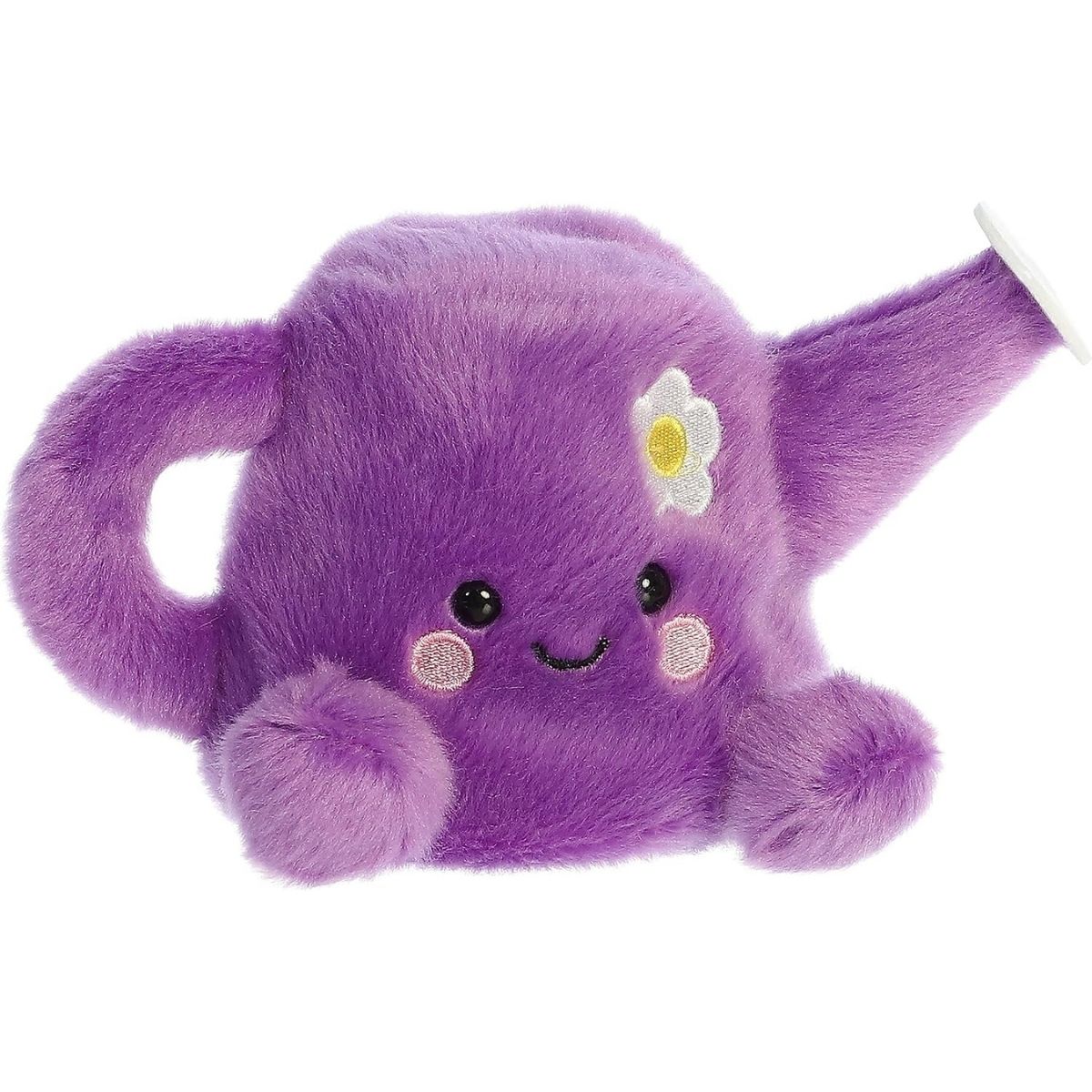 Aurora 5-inch Palm Pals Flo Watering Can plush toy sitting at an angle showing its vibrant purple body, curved handle, long spout with a white tip, and a small white daisy accent.