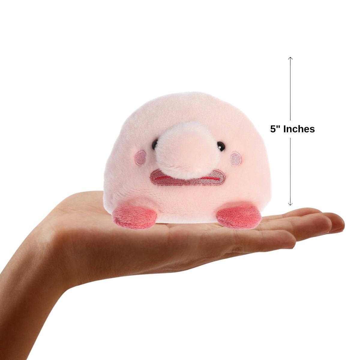 The miniature Bart Blobfish plush sitting balanced in an open human hand under a 5-inch height graphic indicator.