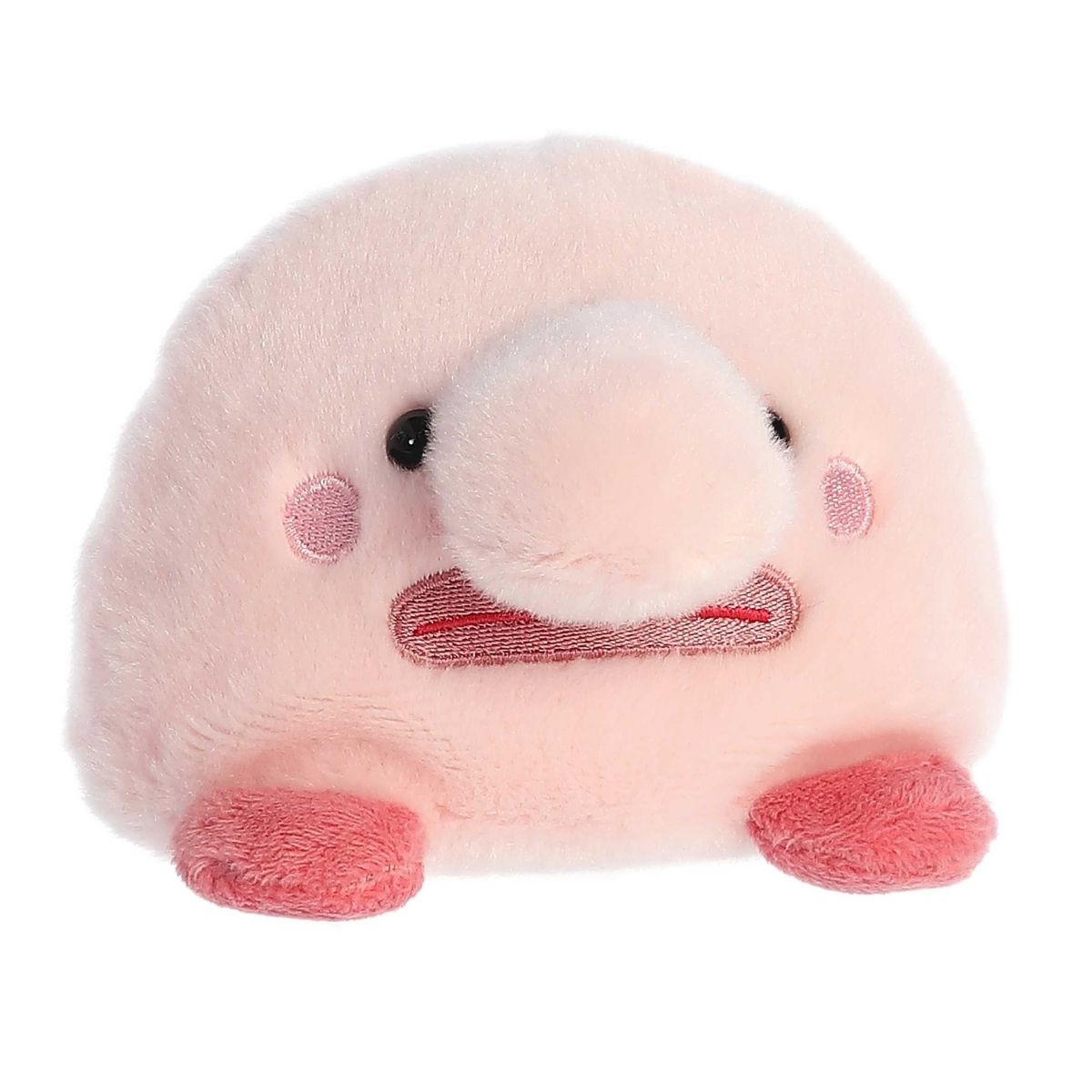 Aurora 5-inch Palm Pals Bart Blobfish plush toy showing its pastel pink blob-shaped body, large prominent plush nose, and dark pink side fins.