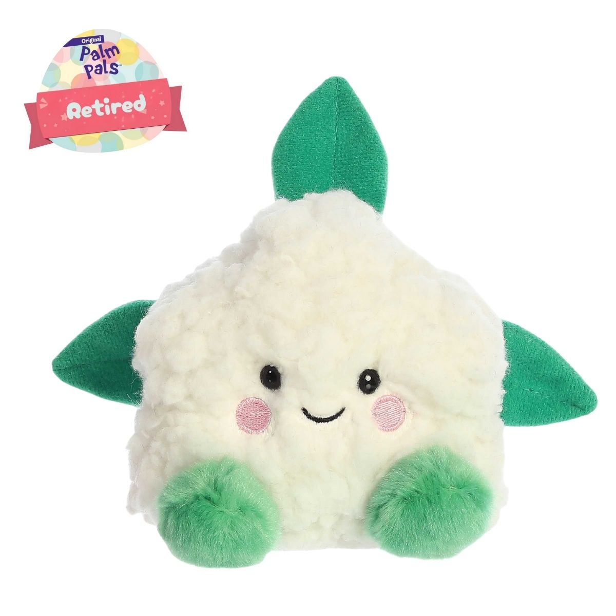 Front view thumbnail of the cute Kelly Cauliflower plush sitting straight with a "Retired" tag graphic overlay, highlighting its dark safety eyes and tiny green feet.