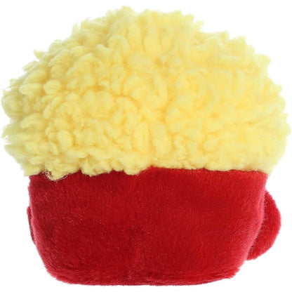 Back view of the Aurora Palm Pals Popcorn plush toy showing its solid red back panel and fluffy yellow popcorn top.