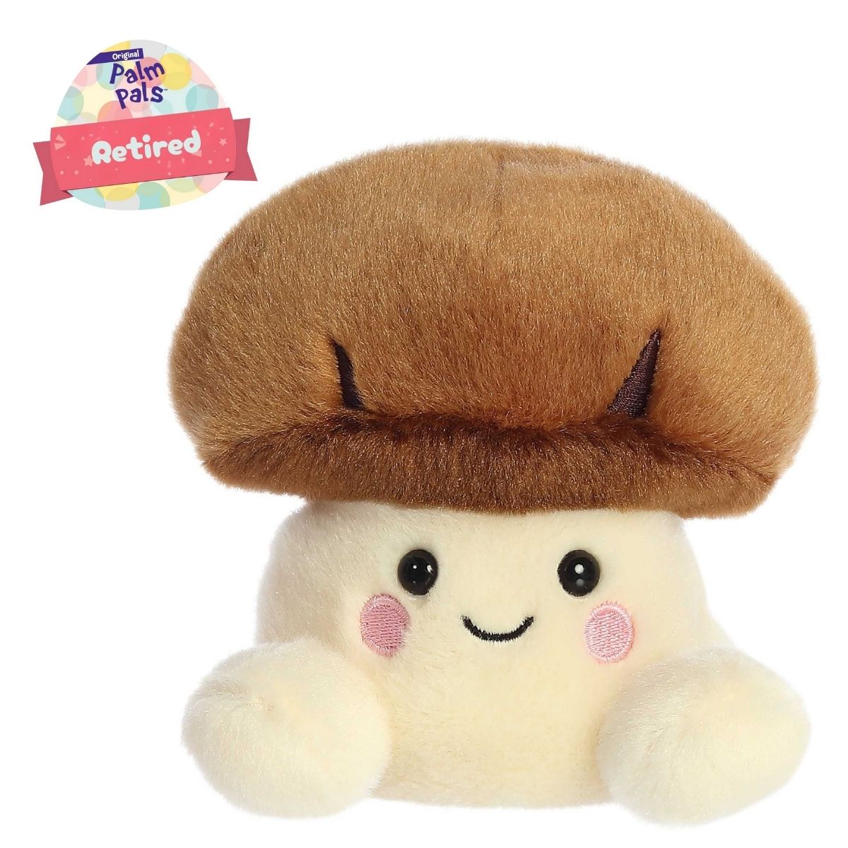 Front view thumbnail of the cute Umami Shiitake Mushroom plush sitting straight with a "Retired" tag graphic overlay, highlighting its tiny cream plush feet.