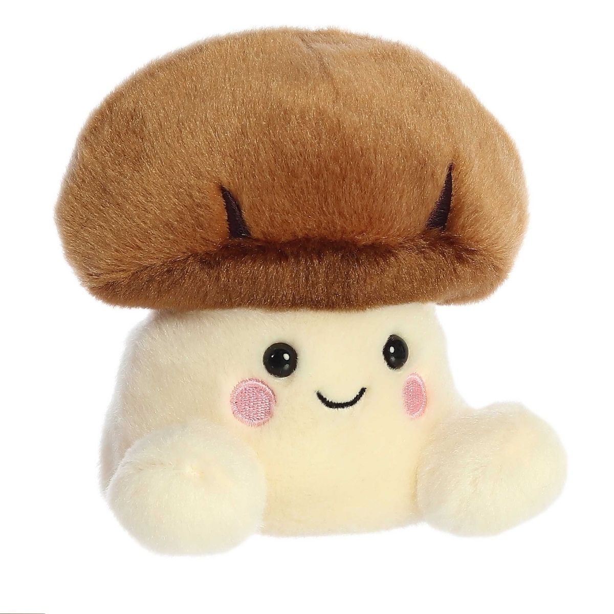 Aurora 5-inch Palm Pals Umami Shiitake Mushroom plush toy showing its smooth golden-brown cap, cream stem base, dark safety eyes, and a happy stitched smile with rosy cheeks.