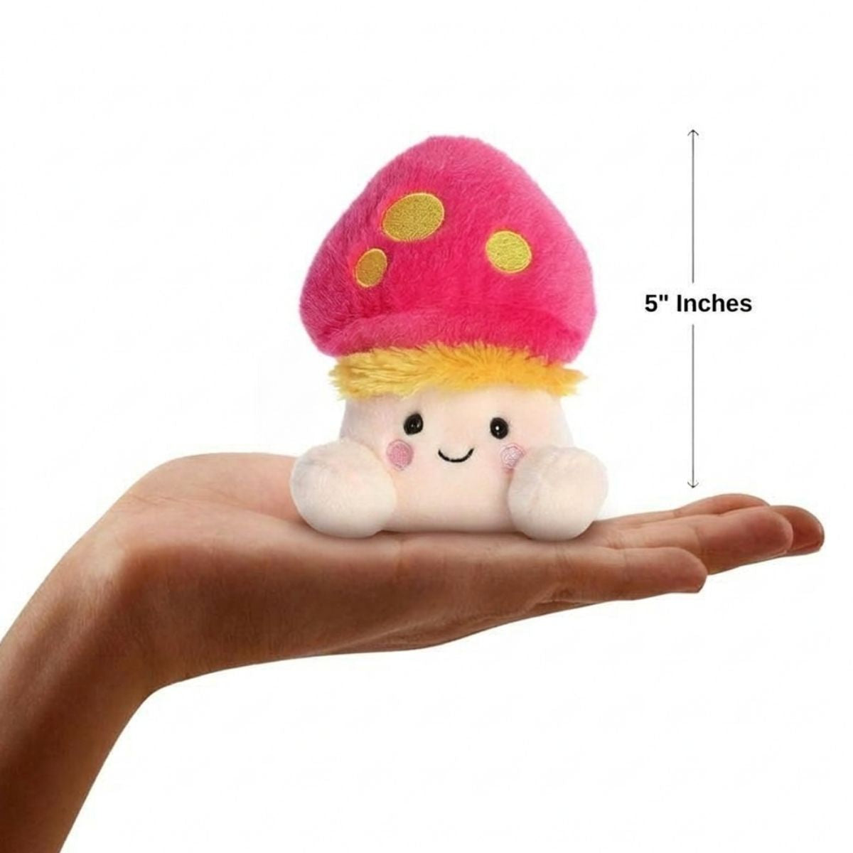 The miniature Favio Fluffy Mushroom plush sitting balanced in an open human hand under a 5-inch height graphic indicator.