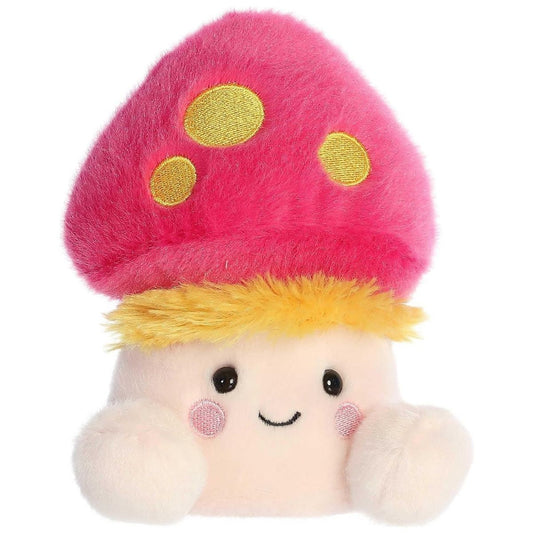 Aurora 5-inch Palm Pals Favio Fluffy Mushroom plush toy showing its vibrant hot-pink cap with yellow spots, a fluffy yellow fringe layer, and a cream stem face with a sweet smile.