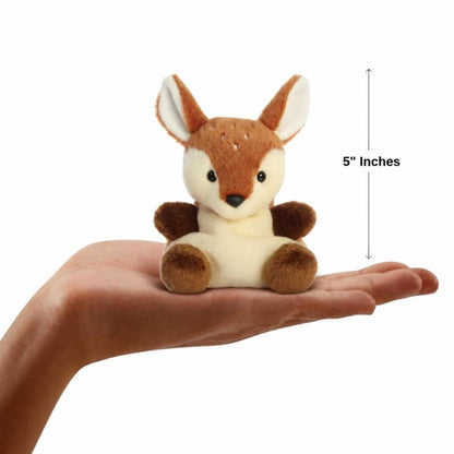 The miniature Dalia Fawn plush sitting balanced in an open human hand under a 5-inch height graphic indicator.