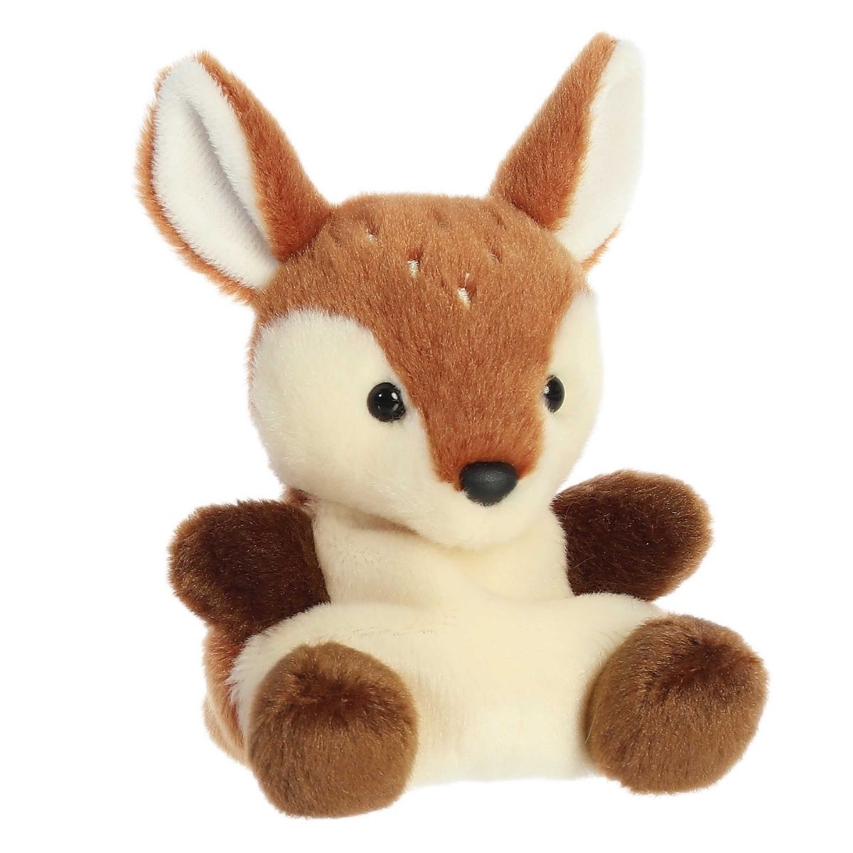 Aurora 5-inch Palm Pals Dalia Fawn plush toy sitting at an angle showing its golden-brown head, creamy white chest, pointy deer ears, and tiny embroidered forehead spots.