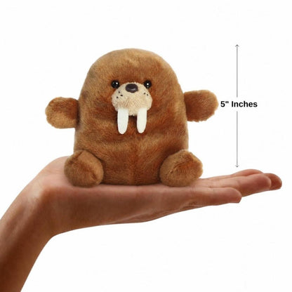 Sizing graphic for the Aurora Palm Pals Waldo Walrus plush showing it sitting perfectly in the palm of a hand, indicating a total height of 5 inches.