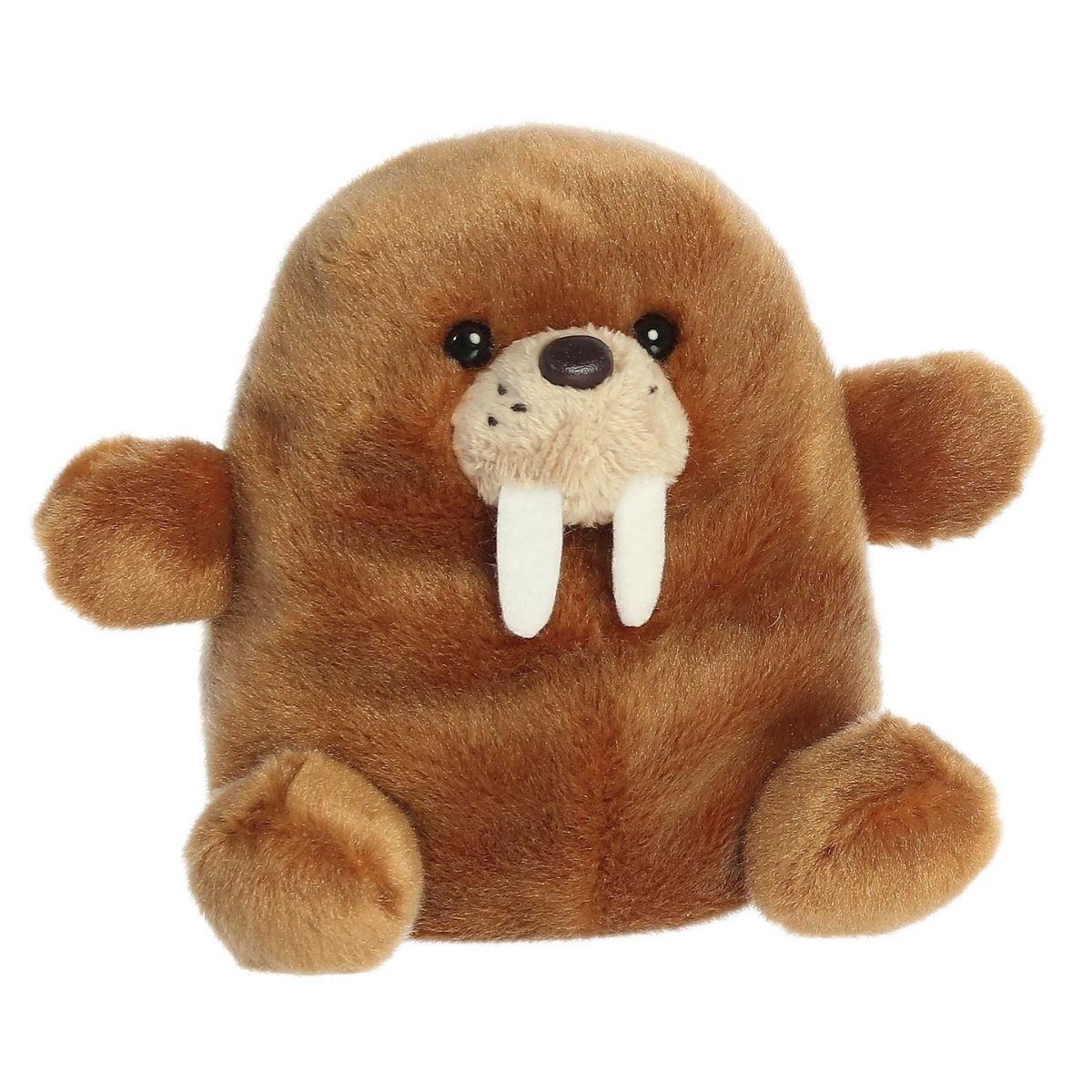 Angled view of the Aurora Palm Pals 5-inch Waldo Walrus plush sitting upright, showing his brown fur, white tusks, and little flippers.