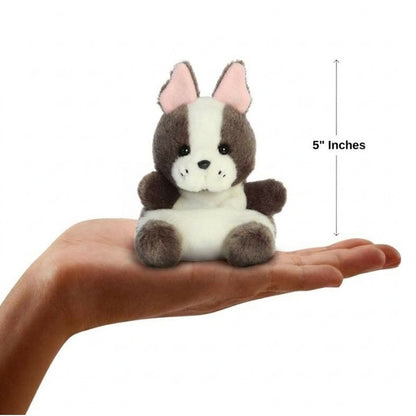 Dimension graphic showing the 5-inch Aurora Palm Pals Beau French Bulldog resting comfortably in a person's hand.