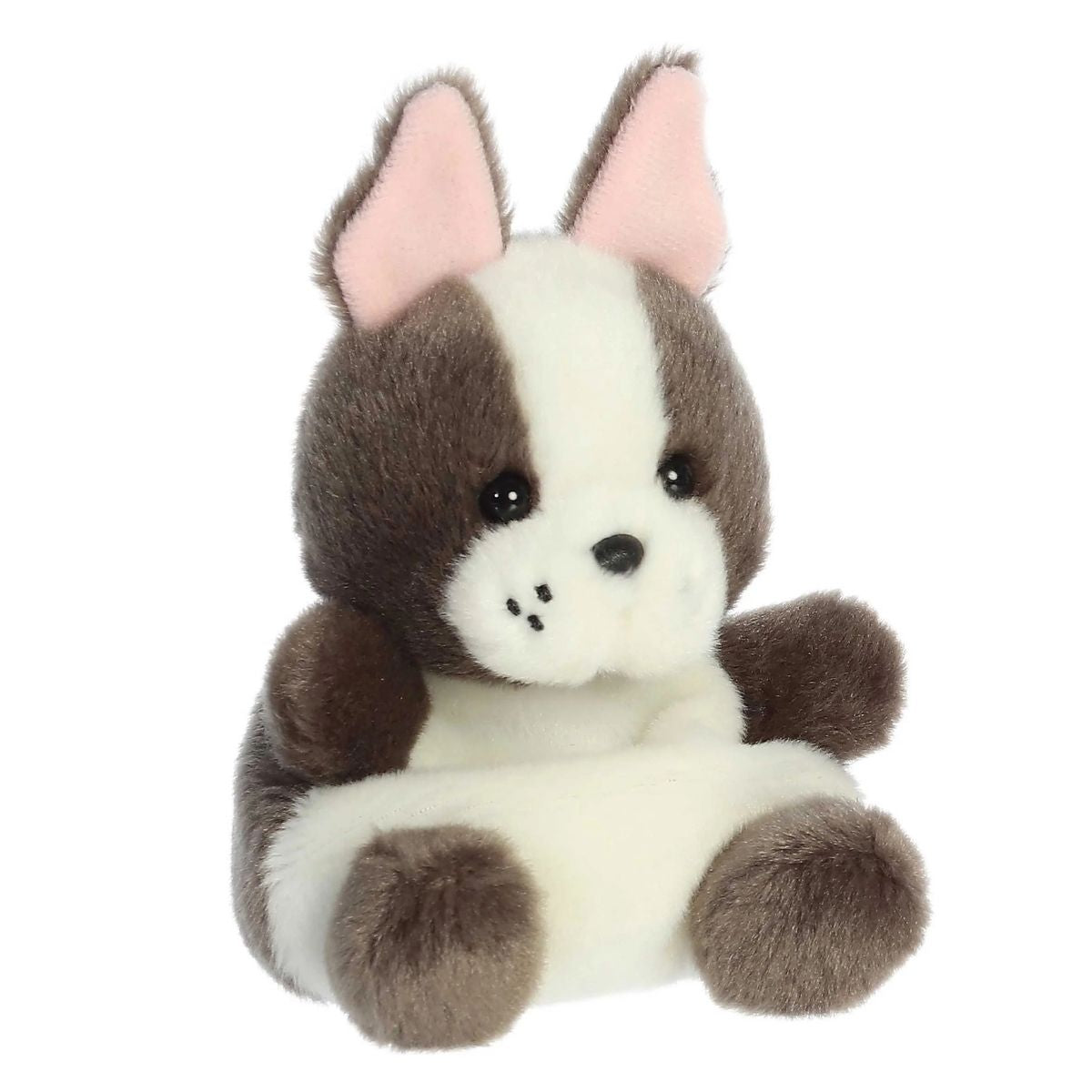 Angled front view of the 5-inch Aurora Palm Pals Beau French Bulldog brown and white stuffed animal sitting upright.