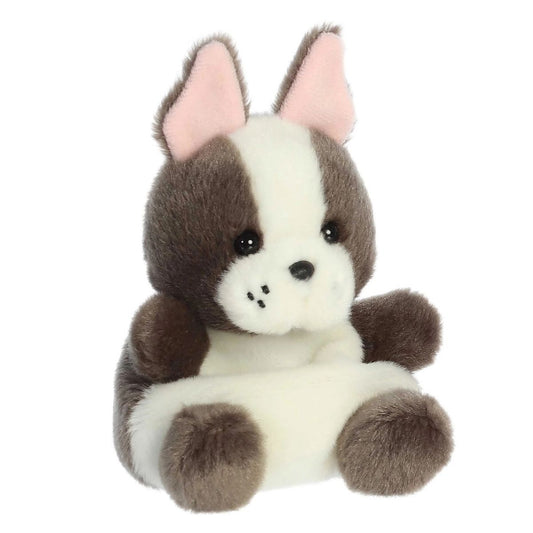 Angled front view of the 5-inch Aurora Palm Pals Beau French Bulldog brown and white stuffed animal sitting upright.