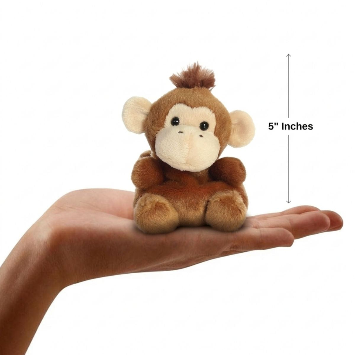 The miniature Boomer Monkey plush sitting balanced in an open human hand under a 5-inch height graphic indicator.