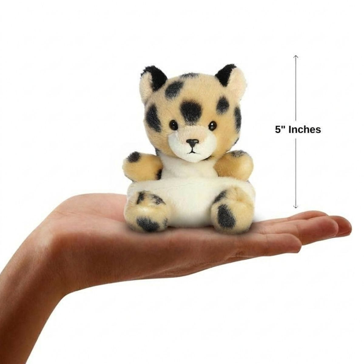 The miniature Chutney Cheetah plush sitting balanced in an open human hand under a 5-inch height graphic indicator.