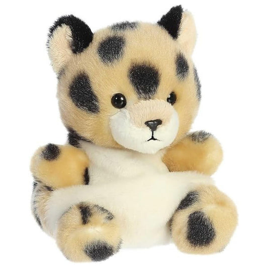 Aurora 5-inch Palm Pals Chutney Cheetah plush toy sitting at an angle showing its spotted golden-tan fur, white chest, and dark safety eyes.