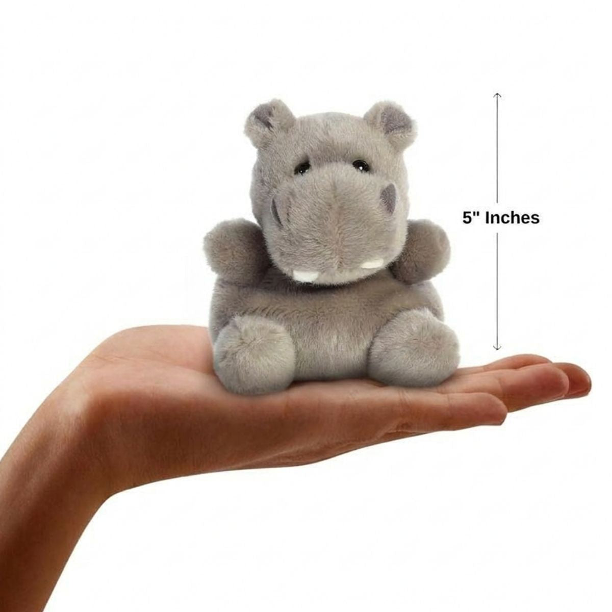Sizing graphic for the Aurora Palm Pals Hunk Hippo plush showing it sitting perfectly in the palm of a hand, indicating a total height of 5 inches.