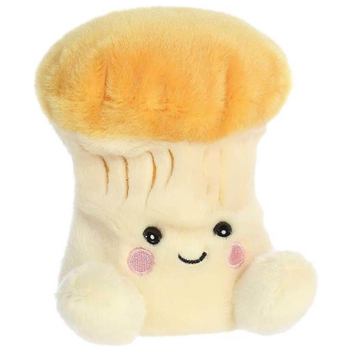 Aurora 5-inch Palm Pals Jackie Chanterelle Mushroom plush toy showing its soft cream stalk body, flared golden-orange cap, stitched under-cap ridges, and happy smiling face.