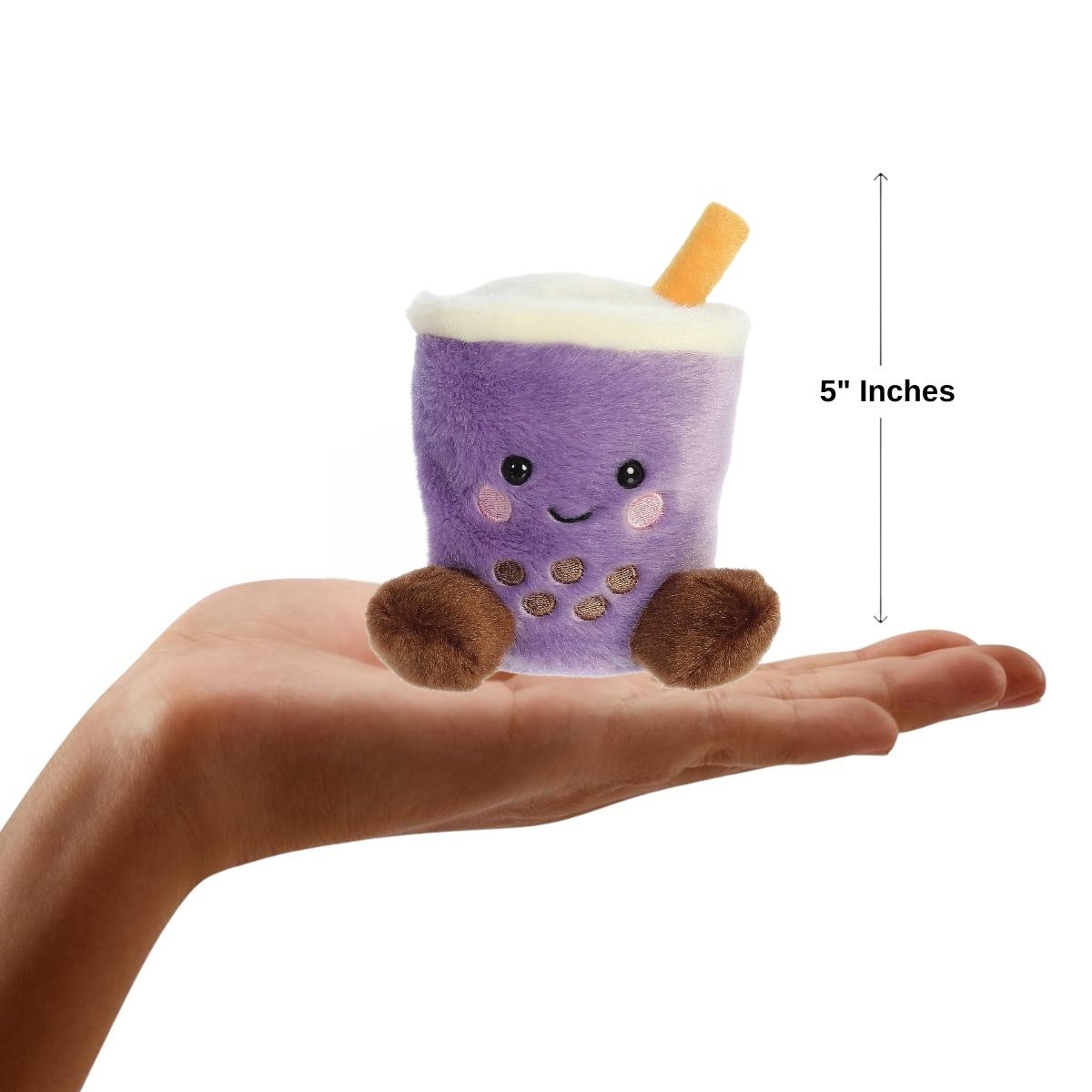 The miniature Tart Taro Boba plush sitting balanced in an open human hand under a 5-inch height graphic indicator.