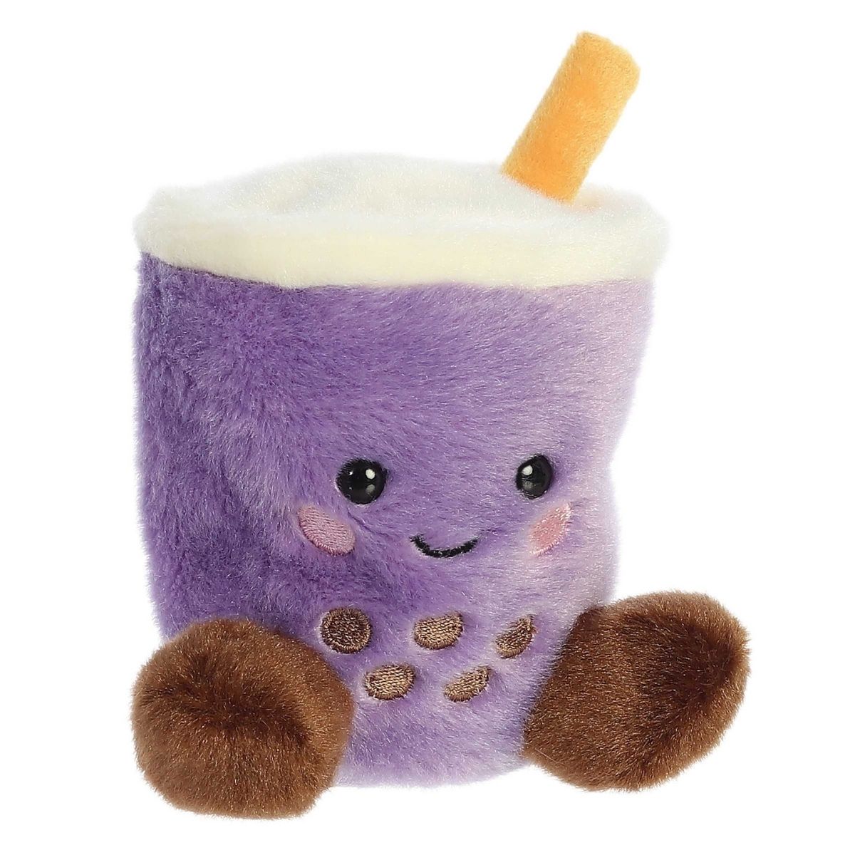 Aurora 5-inch Palm Pals Tart Taro Boba plush toy showing its pastel purple cup body, cream foam top, orange straw, dark brown embroidered boba pearls, and a cute smiling face.