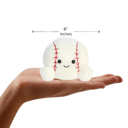 Sizing graphic for the Aurora Palm Pals Slugger Baseball plush showing it sitting perfectly in the palm of a hand, indicating a total height of 5 inches.