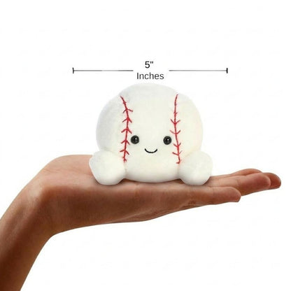 Sizing graphic for the Aurora Palm Pals Slugger Baseball plush showing it sitting perfectly in the palm of a hand, indicating a total height of 5 inches.