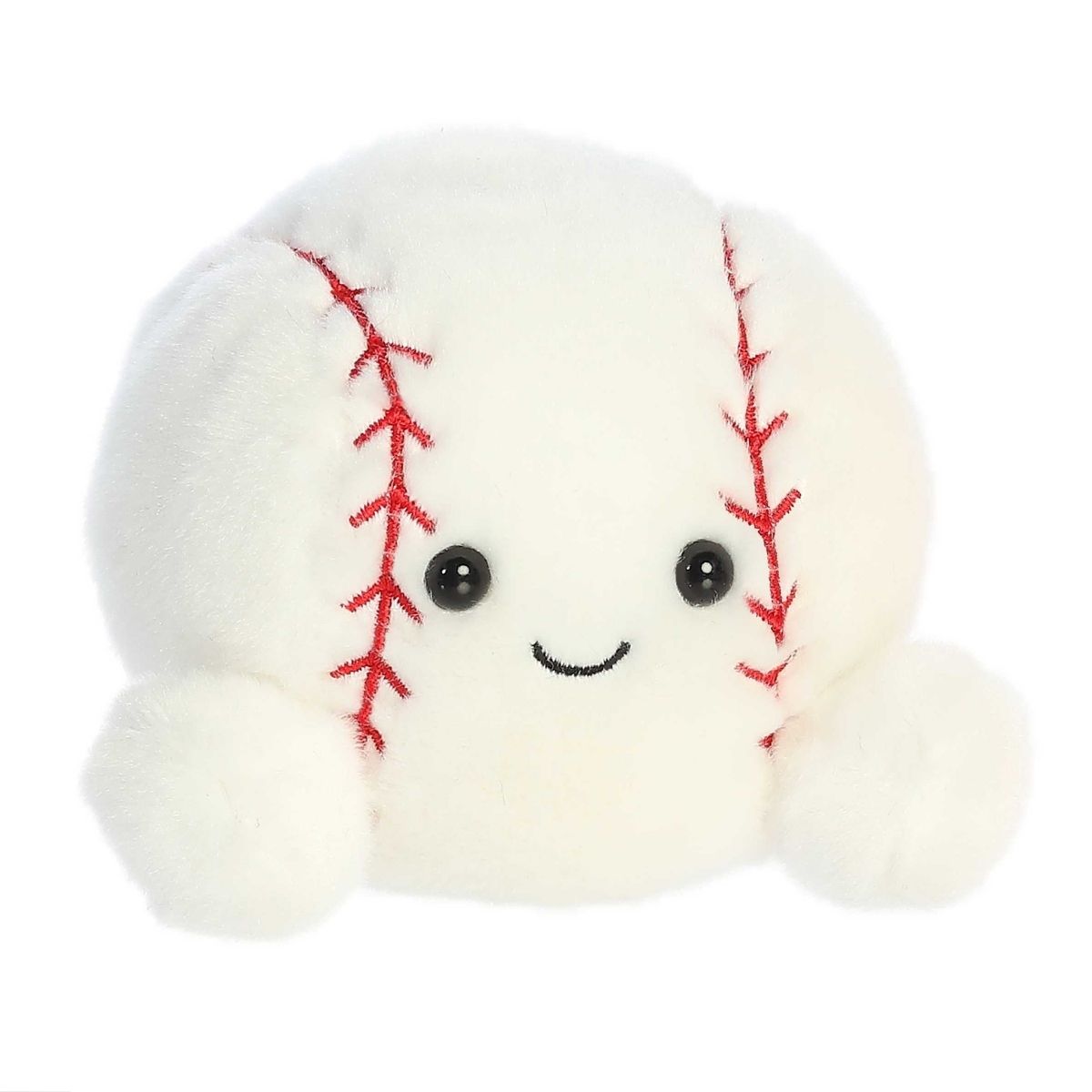Angled front view of the adorable Aurora Slugger Baseball stuffed animal featuring a sweet smile, dark eyes, and classic red baseball seams.